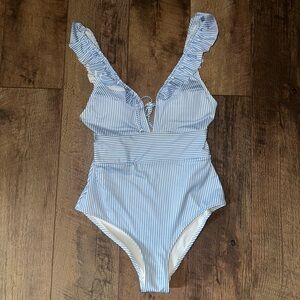 Blue & White Striped Swimsuit with Ruffles